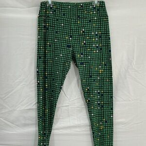 LuLaRoe Green Geometric Grid Leggings with Multicolor Accents